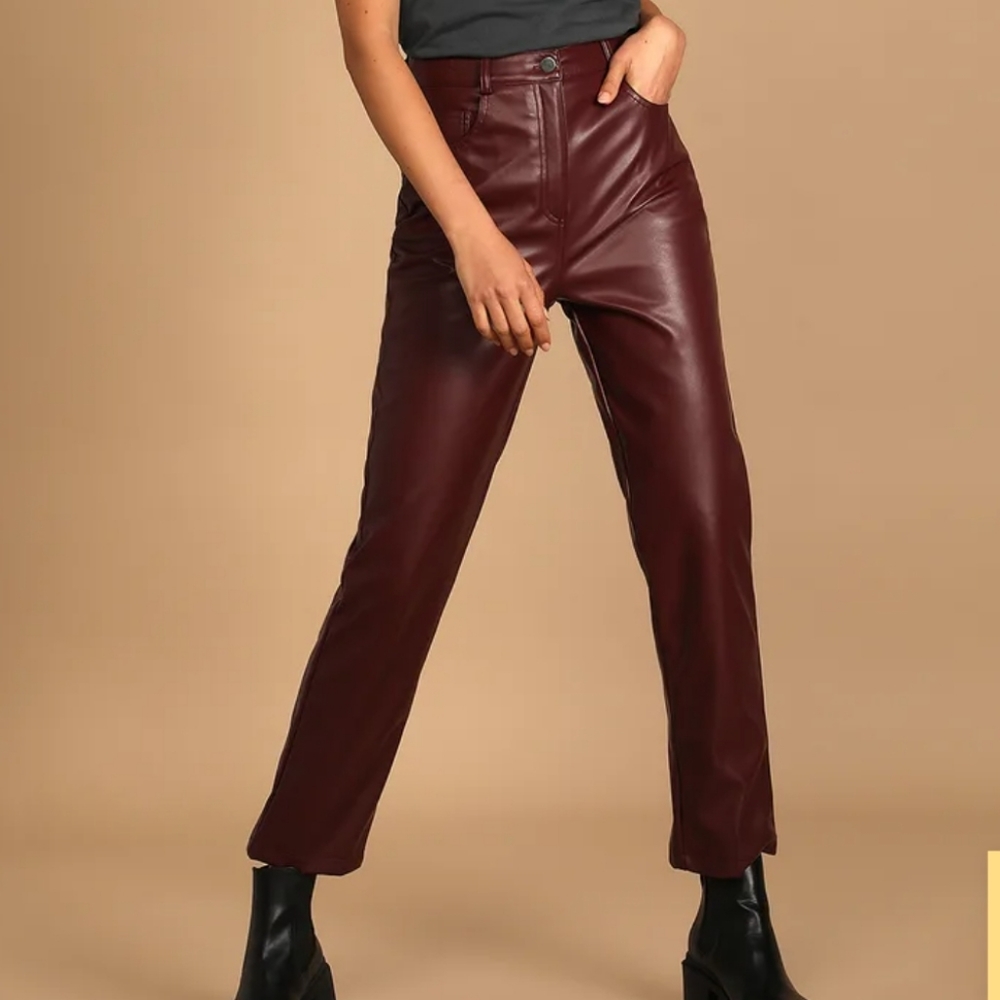 Lulus Hit Your Mark Burgundy Vegan Leather Straight Leg Pants Women's Medium